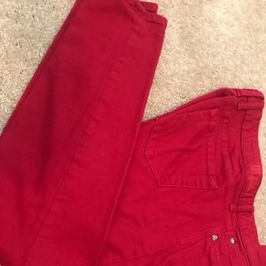 Red denim jeans.